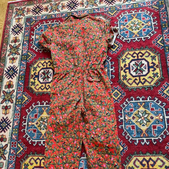 Farm Rio Toucan Orange Jumpsuit Zip up short sleeve Jungle Print Summer - Picture 6 of 6